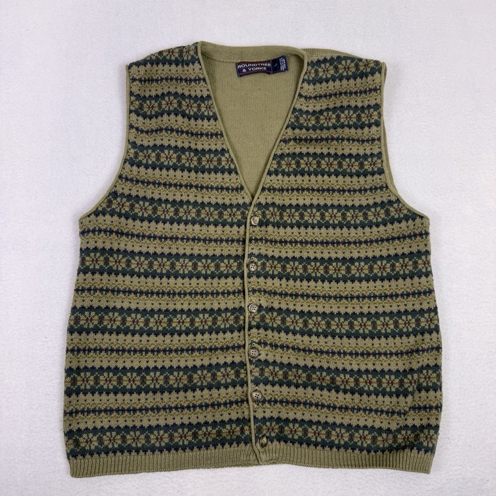VTG Roundtree & Yorke Men L Fair Isle Cotton Button Up Sweater Vest USA Made
